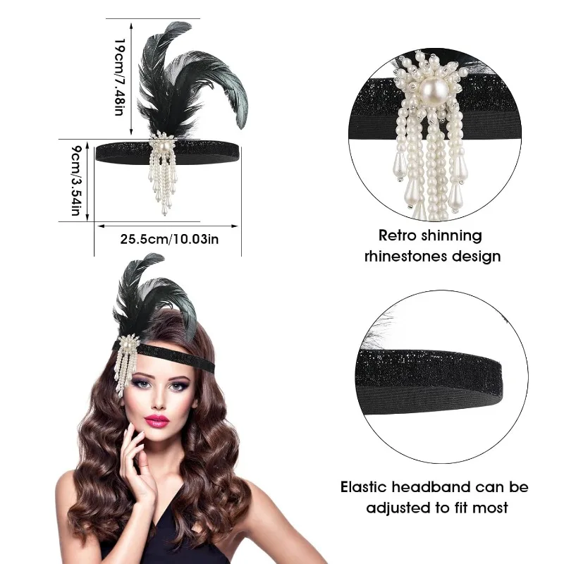 Paquete de 2 diademas estilo flapper de los años 20, tocado de plumas, accesorios para el cabello negros para mujeres y niñas, decoración para fiesta de graduación Gatsby