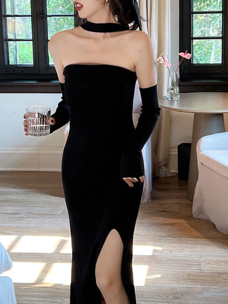 Bodycon Dress Women Strapless Sexy Midi Summer Elegant Backless Streetwear Party Knitting Side-slit Lady Style Aesthetic Club