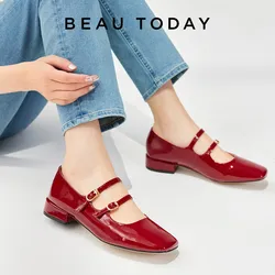 BEAUTODAY Mary Janes Women Patent Leather Dobule Buckle Straps Round Toe Solid Color Autumn Elegant Ladies Flats Handmade 18258