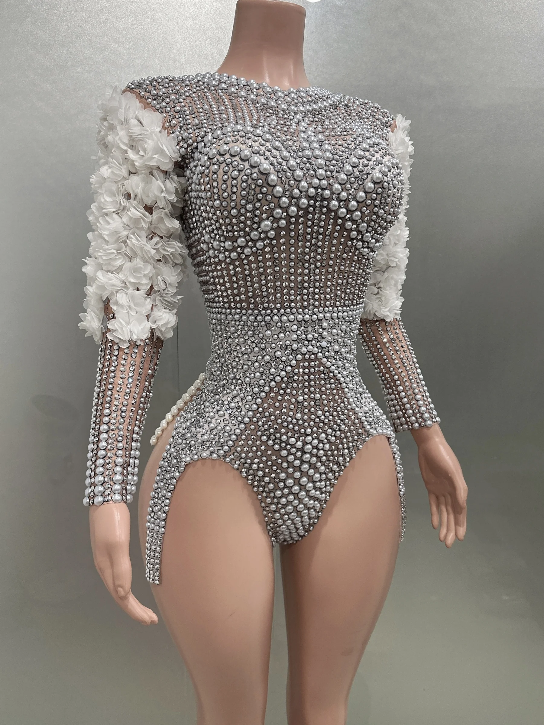 Pearl Rhinestones Diamonds Sexy Bodysuit Evening Party Performance Costume Bar Nightclub Singer Dancer Stage Wear