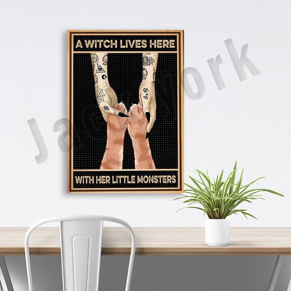 Cat poster, love cats poster, devil poster, witch lives here with her little monster poster, tattooed girl and her cat, cat paws
