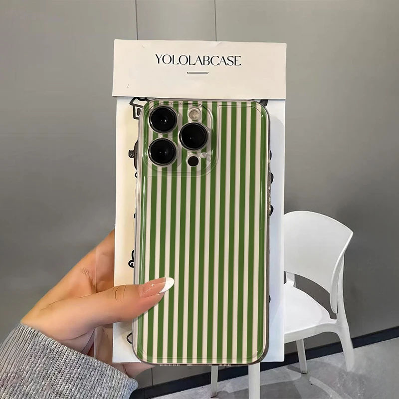 Grüne Streifen Handyhülle für iPhone 17 16 15 11 12 14 13 Pro Max Mini XS X XR 7 Plus 17E Air Stoßfeste Transparente Schutzhülle Fundas