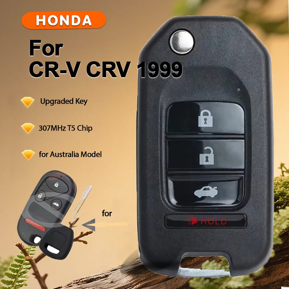 KEYECU untuk Honda CRV 1999 Model Australia 307MHz Chip T5 Remote Key Fob Lipat yang Ditingkatkan 3+1 Tombol