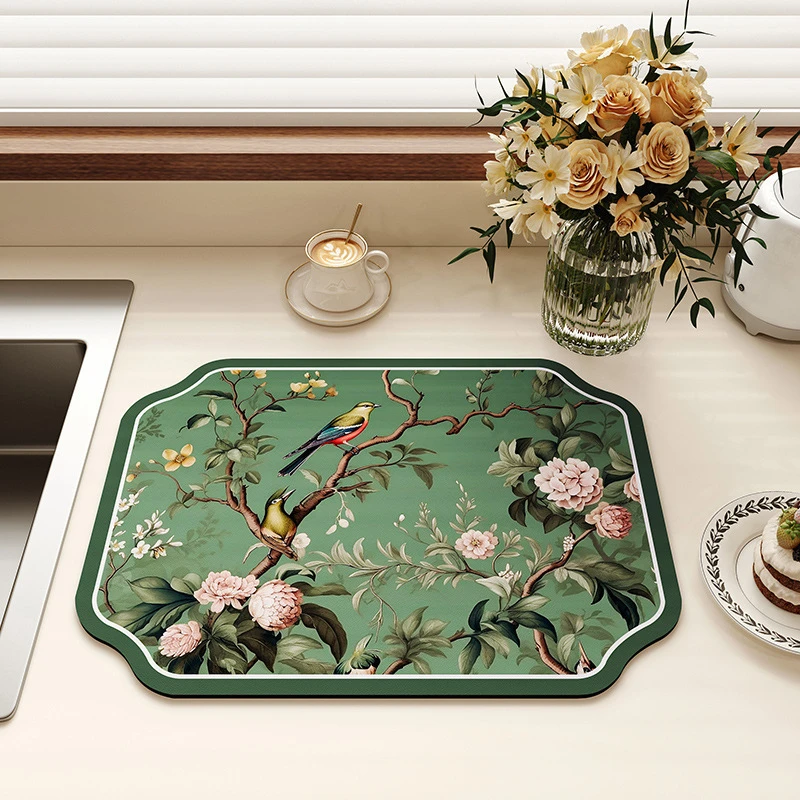 VIKAMA Kitchen Drain Mat Chinese Style Flower Bird Peony Green Dish Drying Mat Water Absorbent Quick Dry Anti Slip Soft