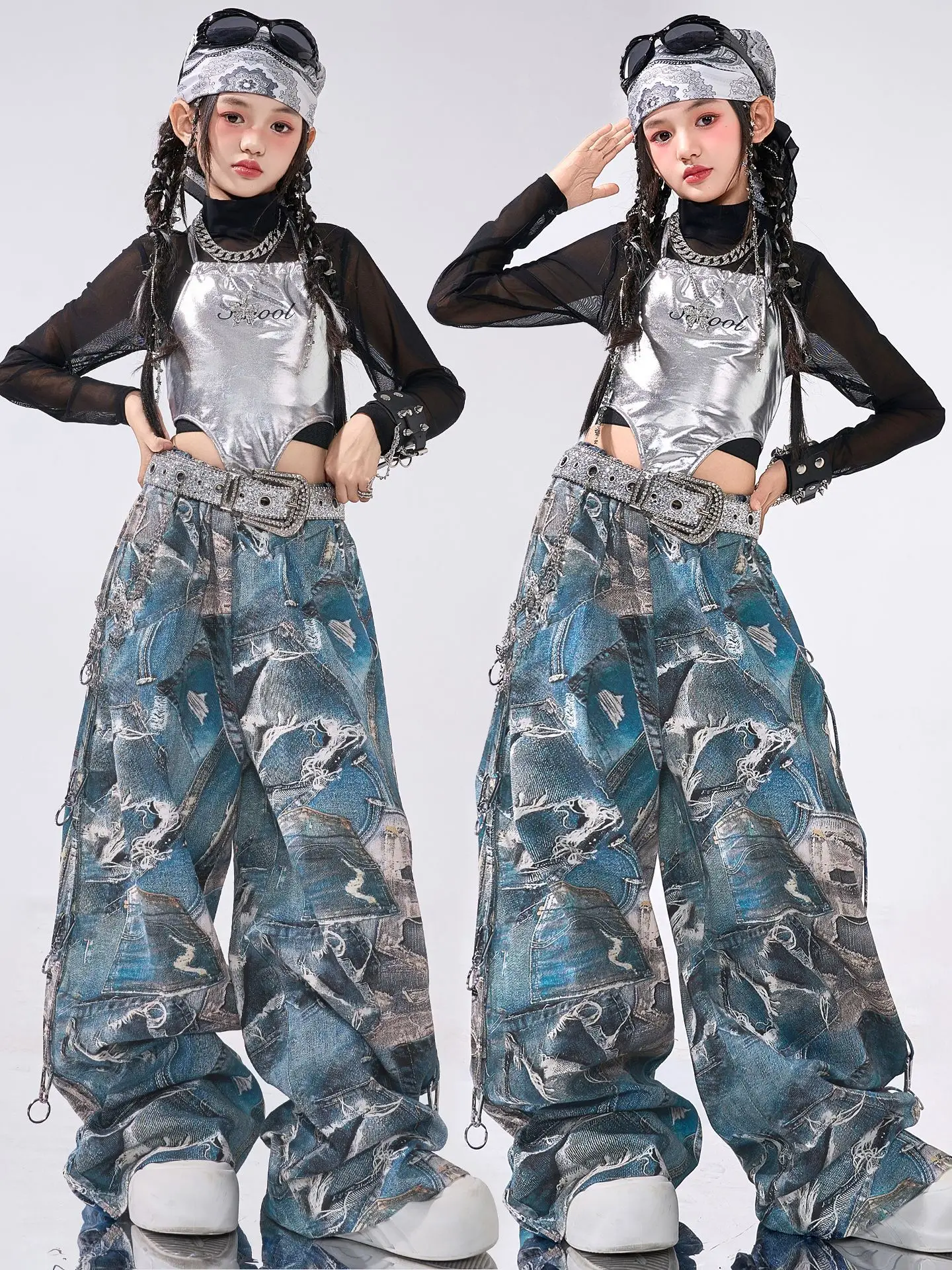 

Kid Kpop Hip Hop Clothing Silver Metalic Halter Tank Denim Blue Print Ripped Baggy Jeans Pants for Girls Dance Costumes Clothes