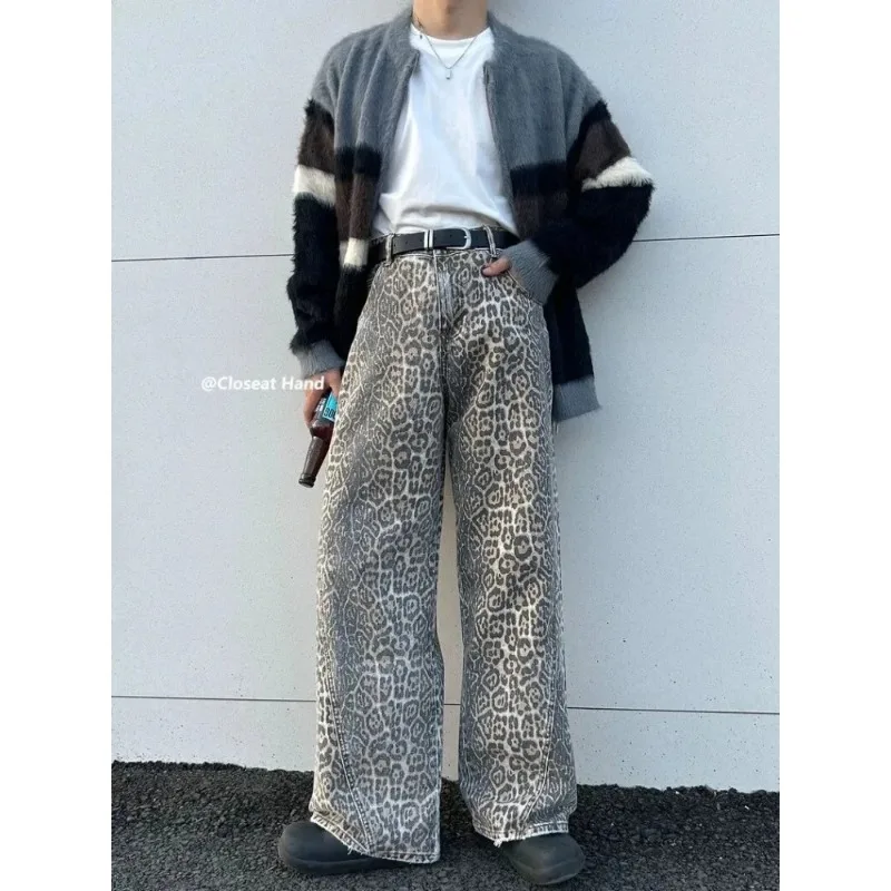 Women's American Vintage Leopard Print Washed Thin Jeans Street Casual Neutral Style DenimTrousers High Waist Straight Pants