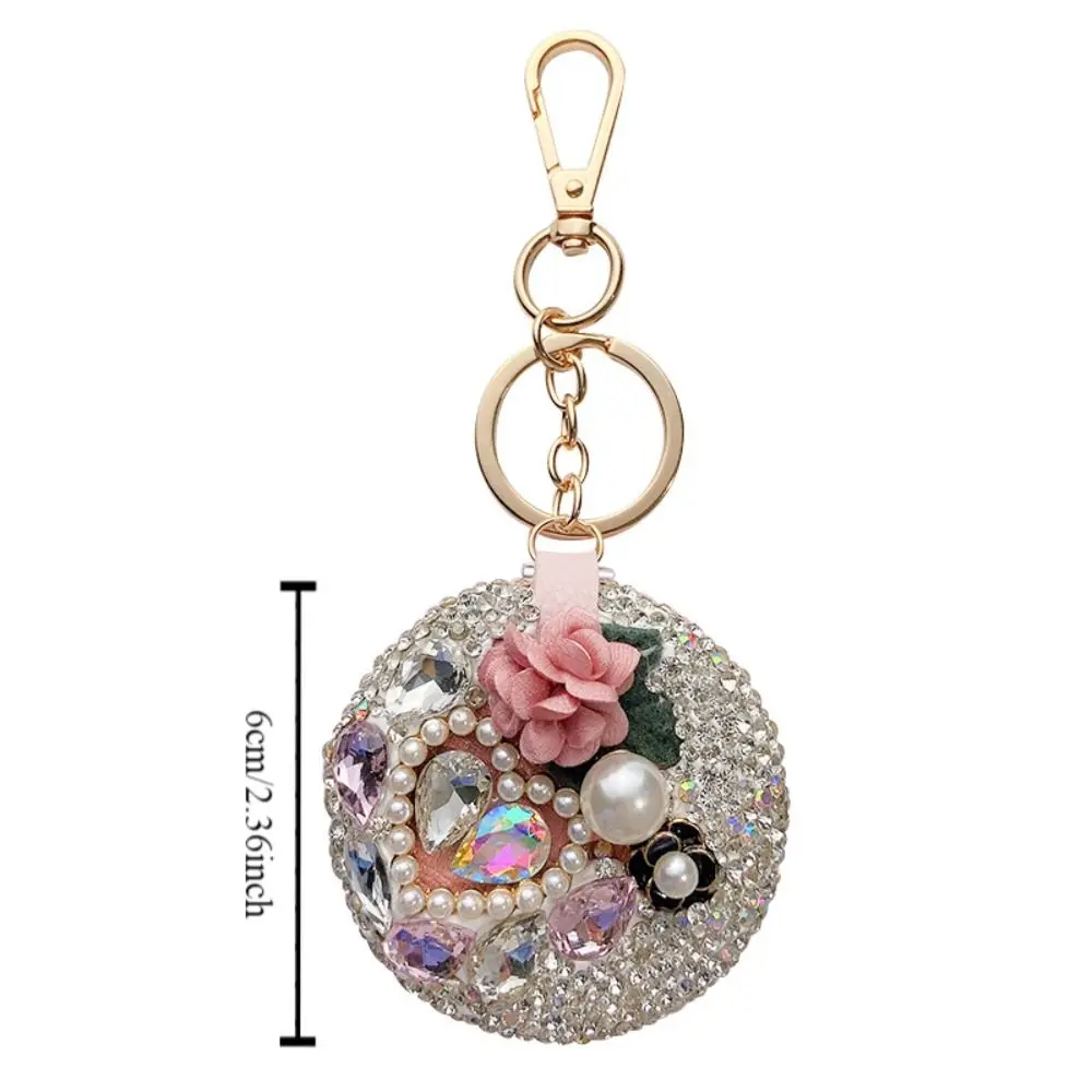 Portable Full Rhinestone Camellia Makeup Mirror Folding Round Car Keychain Floral Sparkling Touch Up Mirror Girl