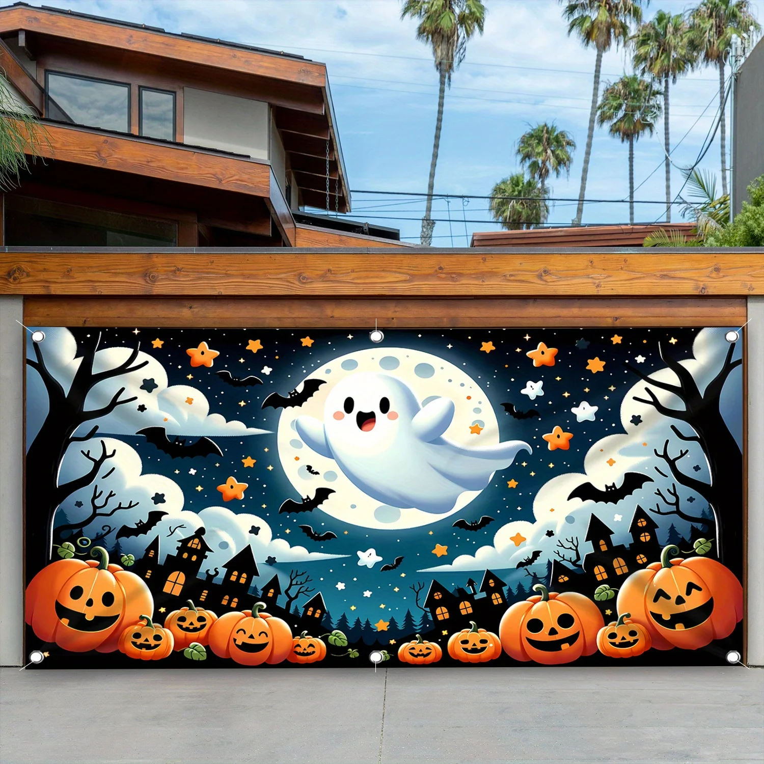 

Halloween Garage Door Banner Large Hanging Backdrop Horror Fortress Pumpkin Ghost Background For Halloween Party Wall Decors