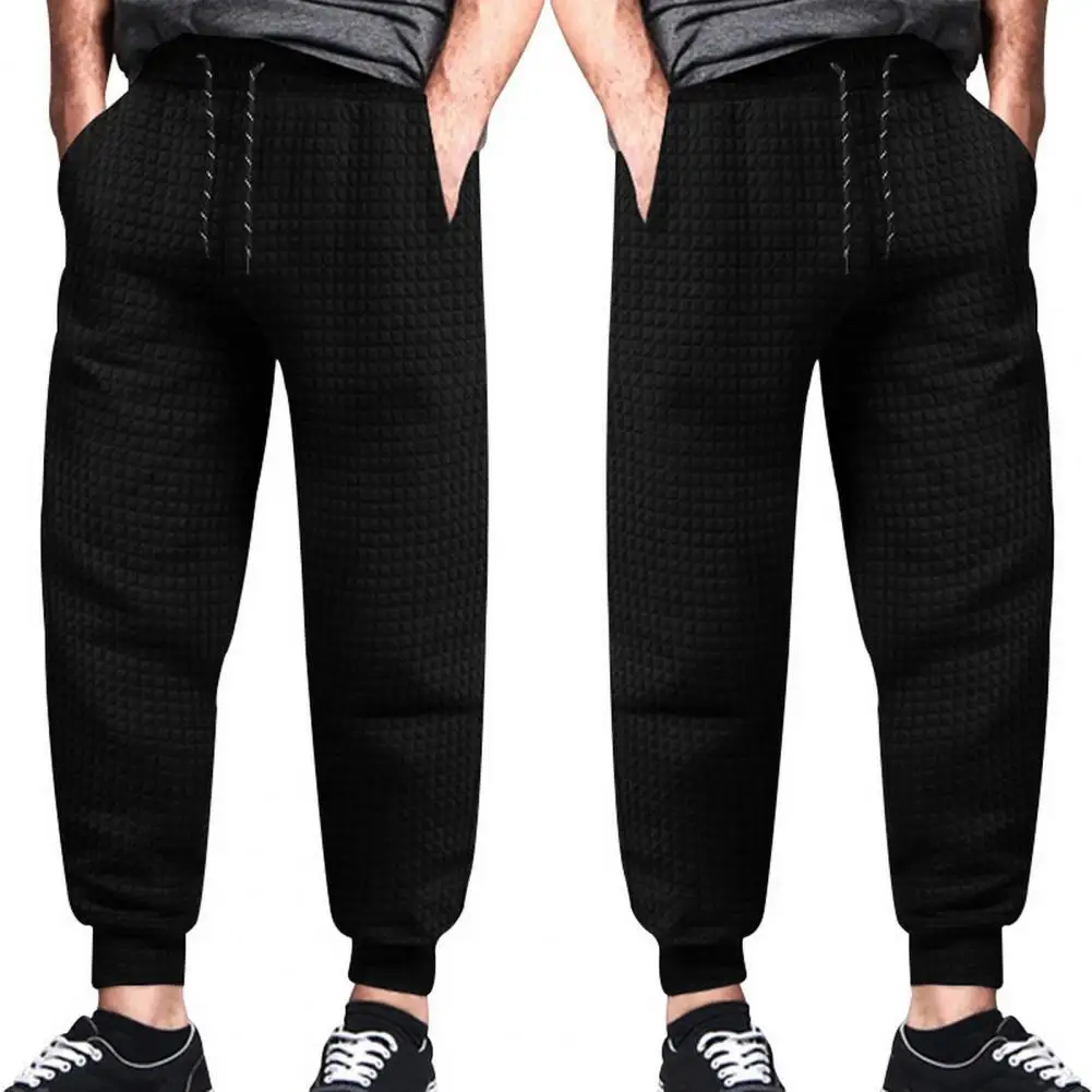 

Men Casual Trousers Secure Pocket Pants Men's Waffle Texture Drawstring Sweatpants with Elastic Waist Pockets for Spring Fall