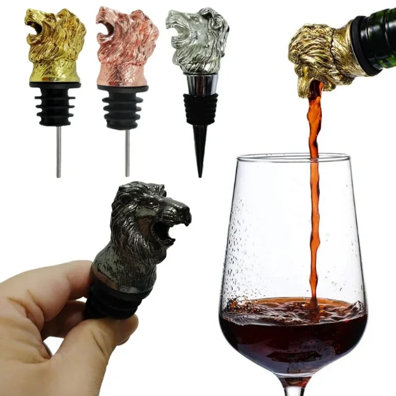 2pcs/1set Bionics Lion's Head Pour Spouts General Wine Mouth Art Fresh Bottle Stopper Gift Decoration Bar Tool