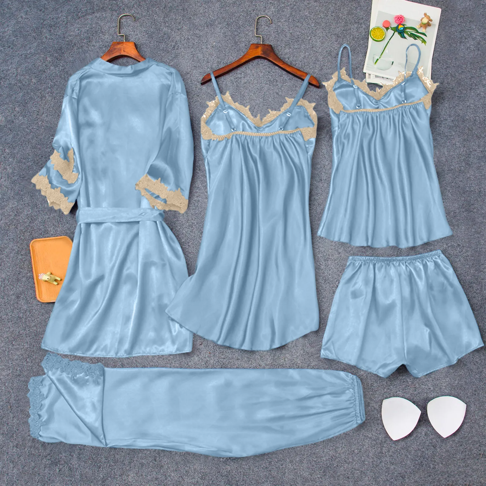 

Women'S Pajamas Set Light Blue Multi-Color Satin Material Lace Splicing Sleeping Scene Multi-Piece Set Home Clothes Home