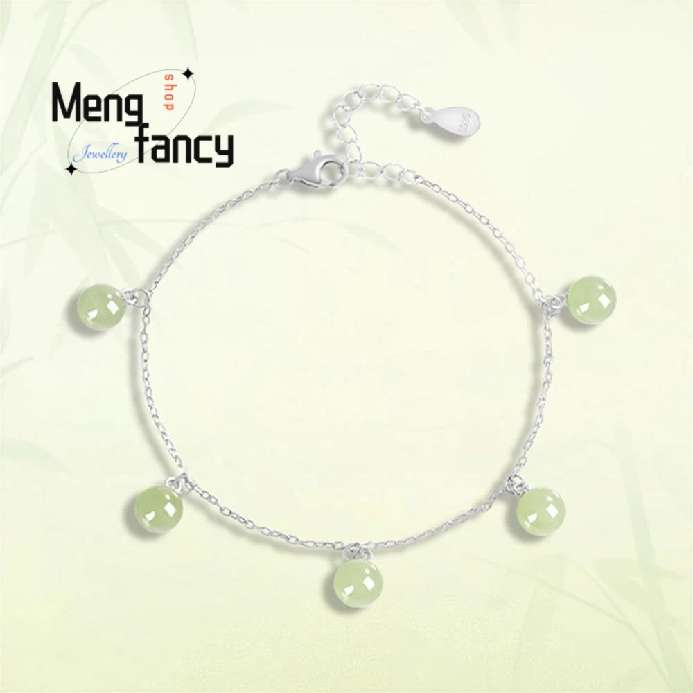 

Genuine Natural Old Material Hetian Jade Round Bead S925 Silver Inlaid Bracelet High-grade Fashion Jewelry Luxury Holiday Gifts
