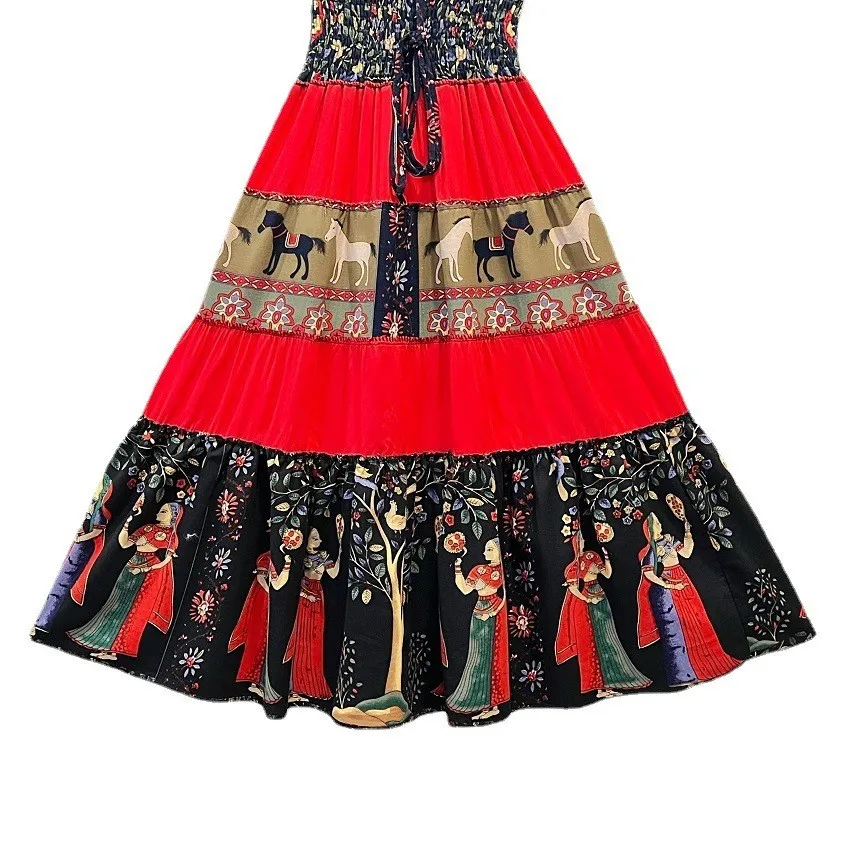 Bohemian printed pattern Spring and Autumn original design ethnic style women's printed patchwork long skirt