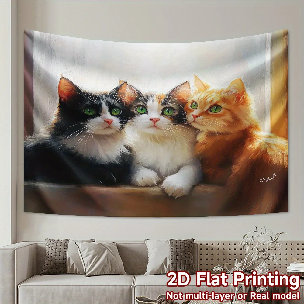 Cute Three Cats Tapestry, Watercolor Kittens Portrait Wall Hanging, Aesthetic Room Decor suitable offices bars party Extra large
