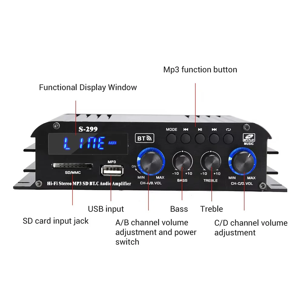 Imagem -04 - Woopker-amplificador Portátil para Carro e Casa S299 Audio 4.1 Canais Bluetooth 5.0 Dupla Utilização Leitor de Controlo Remoto 4x40w Max720w