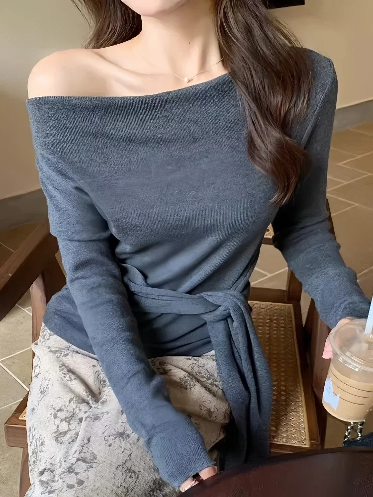 Off‑Shoulder Long‑Sleeve Layering Knit Tops Asymmetrical Waist‑Tie Knit Women Pullover Fall Winter New Chic Buttery‑Soft Sweater