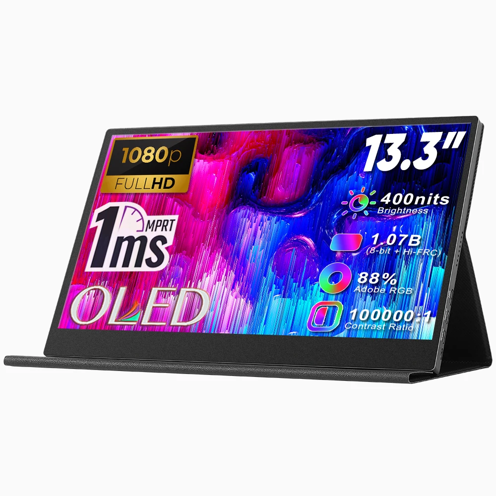 OLED Portable Monitor 13.3 Inch Small Gaming Monitor FHD Screen 1ms Vivid Color 100% DCI-P3 Mini PC External Monitor for Laptop