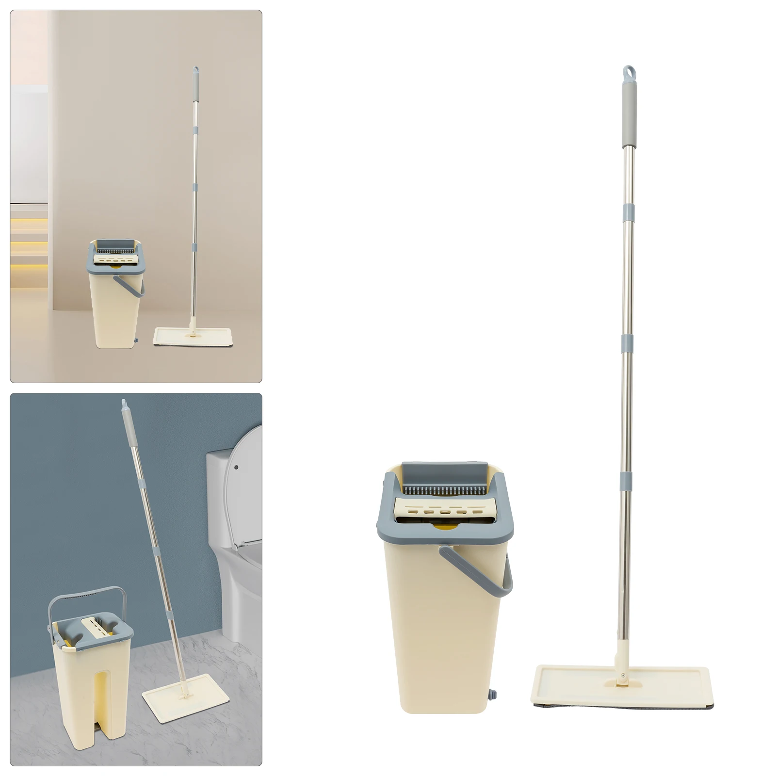 Bodenwischer- und Eimersatz mit 10 wiederverwendbaren Pads, Doppeltank-Eimer zur Trennung von sauberem und schmutzigem Wasser, 360° ° Rotierender Flachmopp für die Haushaltsreinigung (Beige) – Detail 2