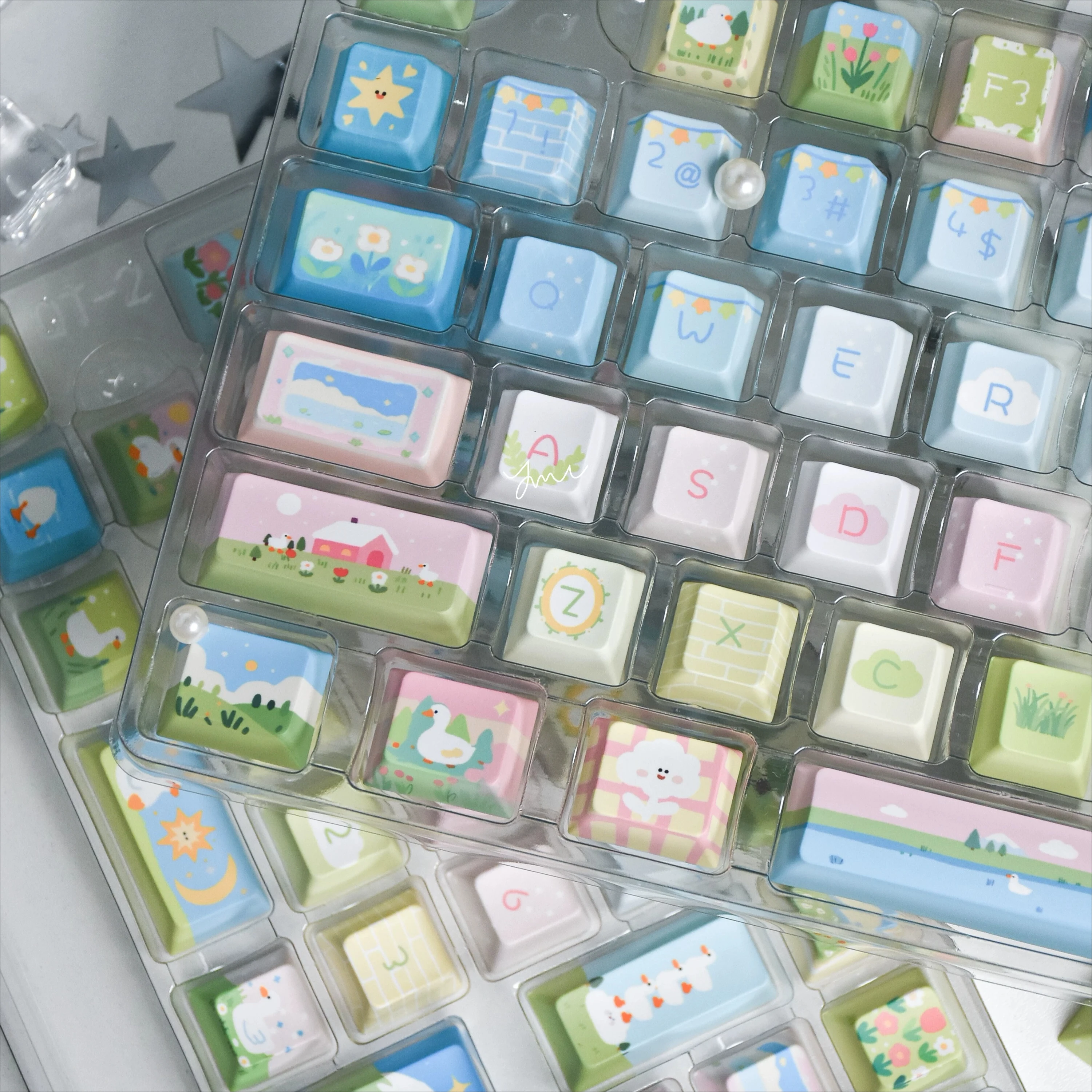 MAIMOOO Cute Duck Keycaps Cherry MOA PBT Custom Cartoon Duck Lake Hand-painted Style Russian Korean Mechanical Keyboard Keycap