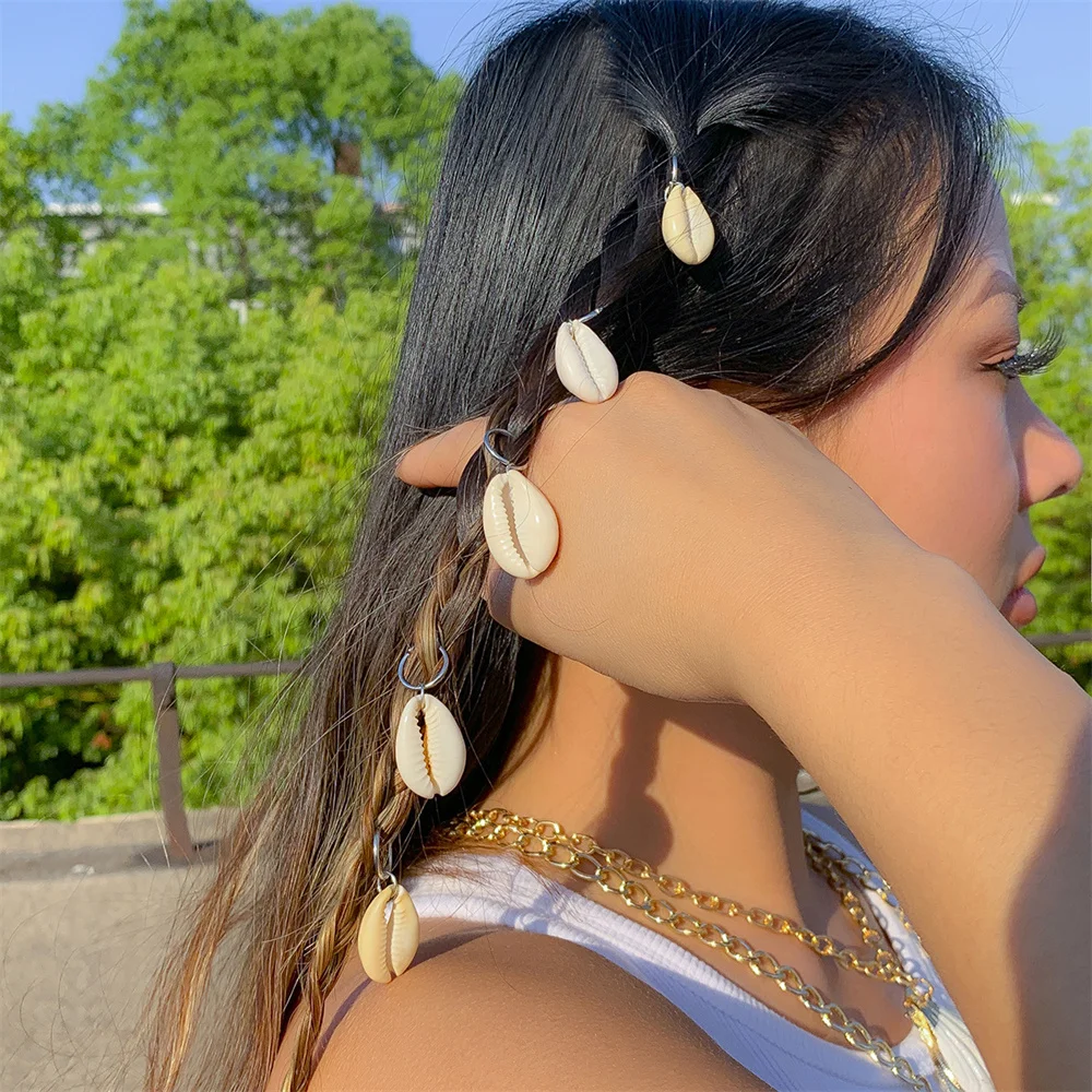 Shell Hair Clips Conch Pendant Hairpin 5Pcs/Pack Vintage Shell Ring Hairpin Bohemian Braid Alloy Hair Clips for Women Girls