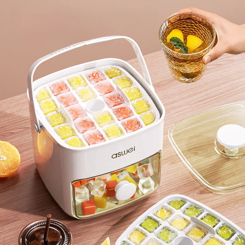 Ice making and storage in one unit! Makes up to 48 pieces of ice! Push to dispense ice to minimize contamination!