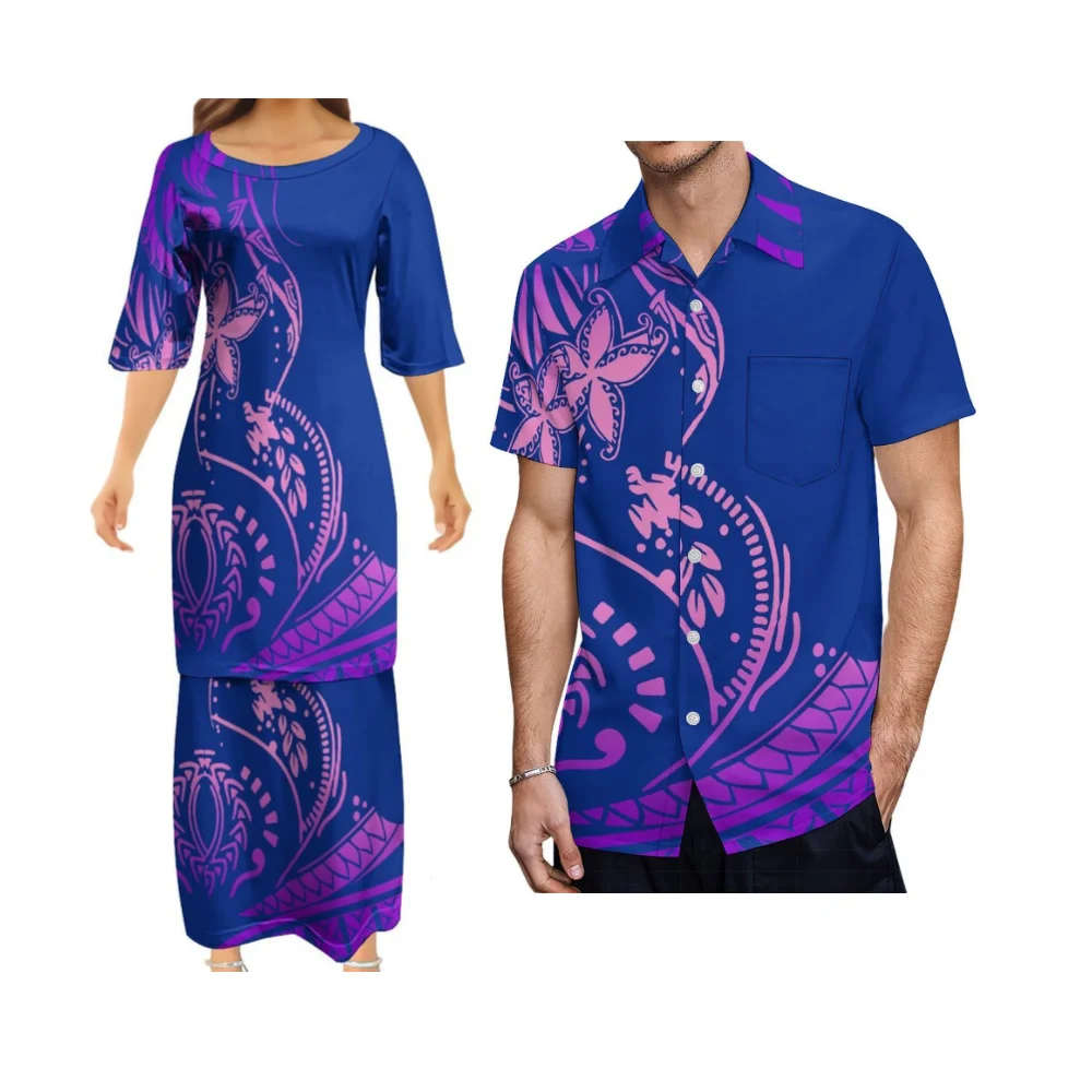 Customized Polynesian Summer Round-Neck Vintage Women'S Puletasi Set Skirt Tribal Design Casual Men'S Shirt For Couples' Outfit