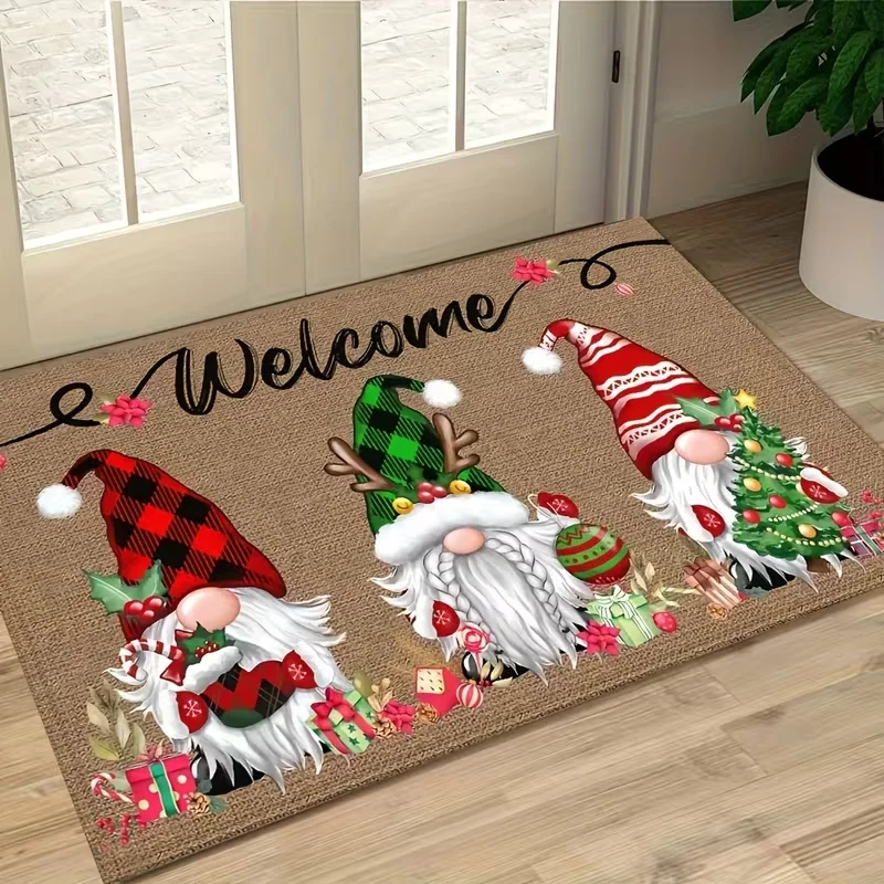 Festival Gnome Welcome Doormat Non-Slip Rubber Backing, Machine Washable Holiday Mat with Three Gnomes with Seasonal Charm