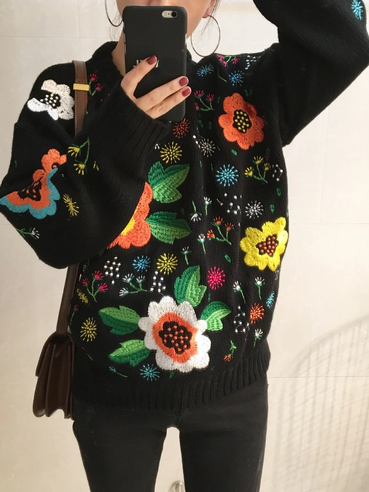 Korobov Vintage Womens Clothing Embroidered Floral Pullover Black Sweater Women Loose O Neck Knitwears Tops Fashion Sueter Mujer