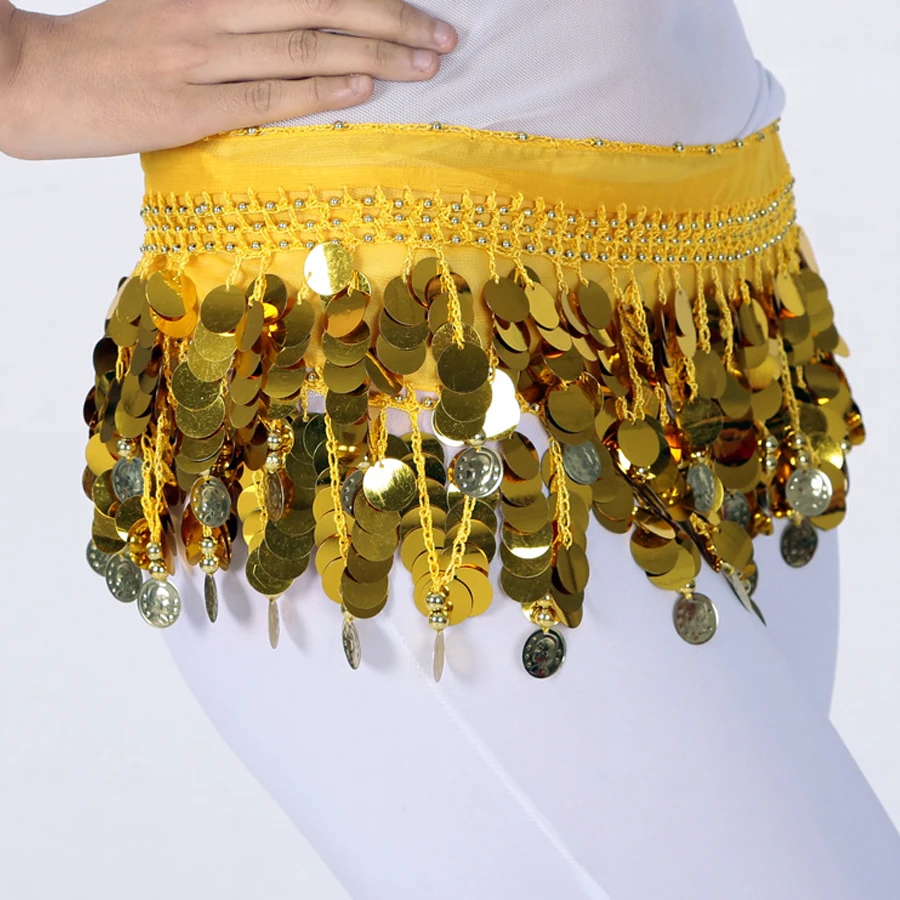 Lila Pailletten-Hüfttuch für den Bauchtanz mit goldenen Münzen, glänzender Fransen und elastischem Bund, geeignet für Tanzaufführungen und Workouts. – Detail 26