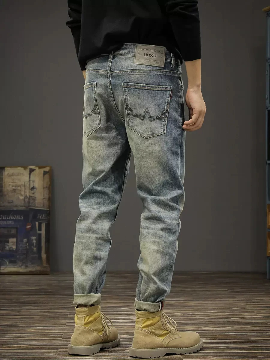 Italian Style Fashion Men Jeans High Quality Retro Blue Elastic Slim Fit Ripped Jeans Men Vintage Designer Denim Pants Hombre