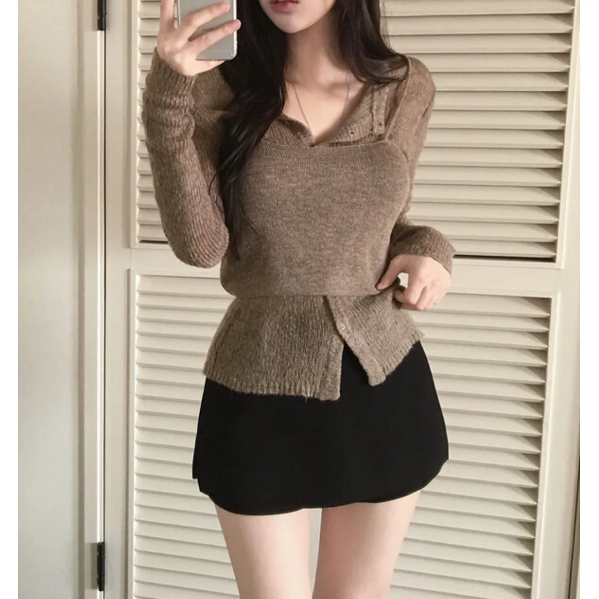 Simple round Ne Button up Knitwear Strap Set Korean Sle Soft Medium Thin Spring Autumn Winter Women's Faion