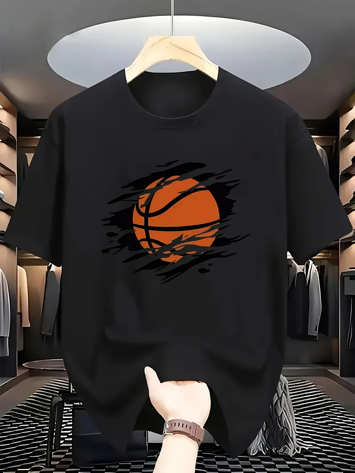 Round Neck Short Sleeve T-Shirt with Trendy Sporty Artistic Ripped Effect Basketball Print Design, Orange Basketball with Black