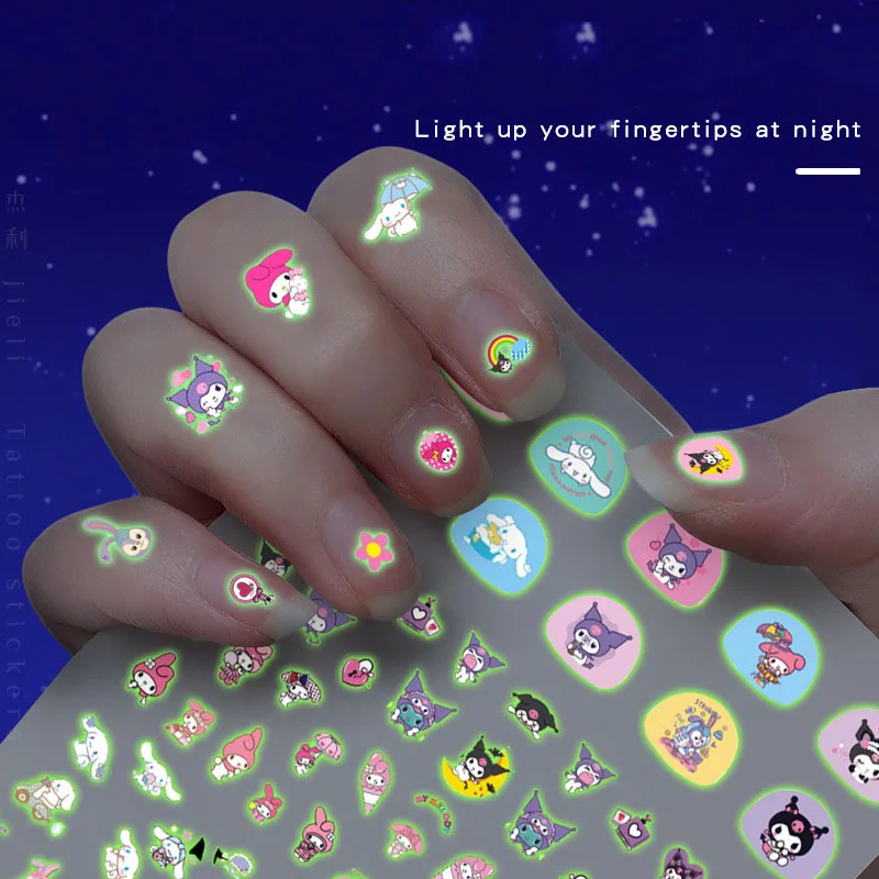 5pcs/set Children Cartoon Luminous Nail Stickers Sanrio Hello Kitty Melody Kuromi Glow In The Dark Adhesive Slider Manicure Deca