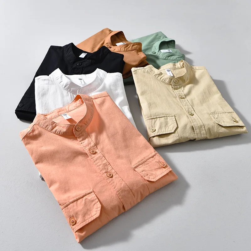 Pure Cotton Double Pocket, Men's Casual Work Shirt, Casual Loose Fit, Stand-collar Outdoor Cotton Shirt