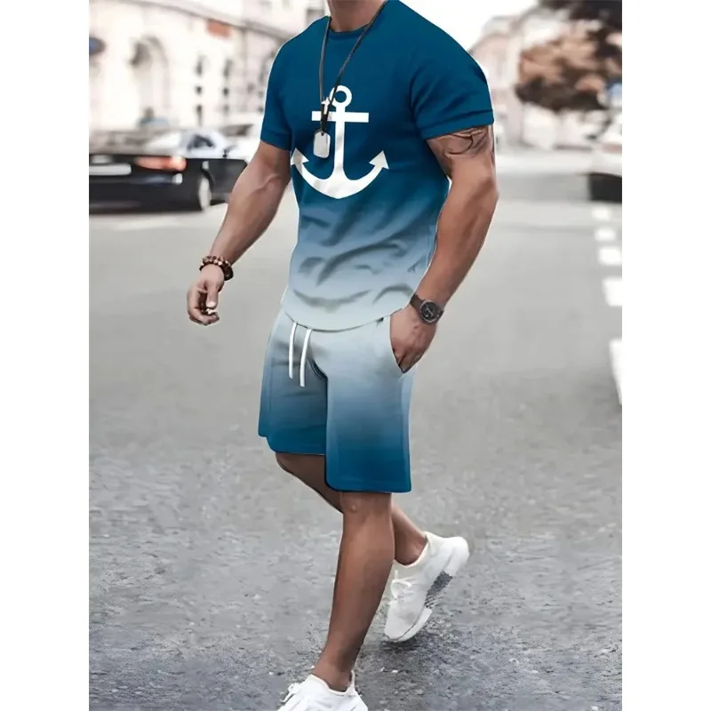 

2025 Summer Fashion T-shirt Shorts Set 3D Short Sleeve Loose Top Gradient Coconut Print High Temperament Street Men's Style
