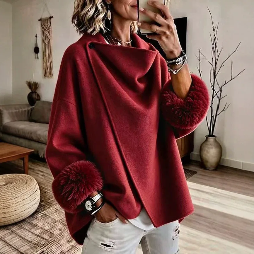 2026 Autumn/winter French-style Women's Coat With Lady Cloth Fur Cuffs, Solid Color. Double-faced Wool, Loose Fit, Short Style E
