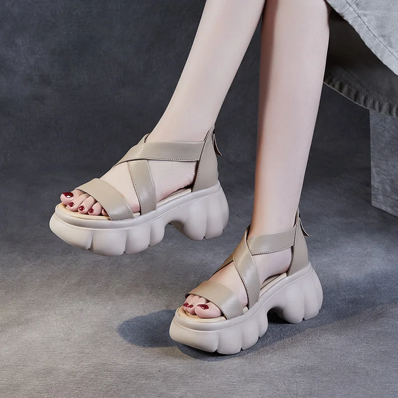 2024 musim panas wanita sandal wanita Roman bersol LeatherPlatform sandal wanita Fashion serbaguna Retro sandal wanita sandal Platform