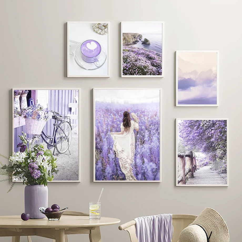 

Vintage Purple Lavender Coast Girl Car Bike Cafe Mural Canvas Wall Art Living Room Decor Poster Print Home Picture