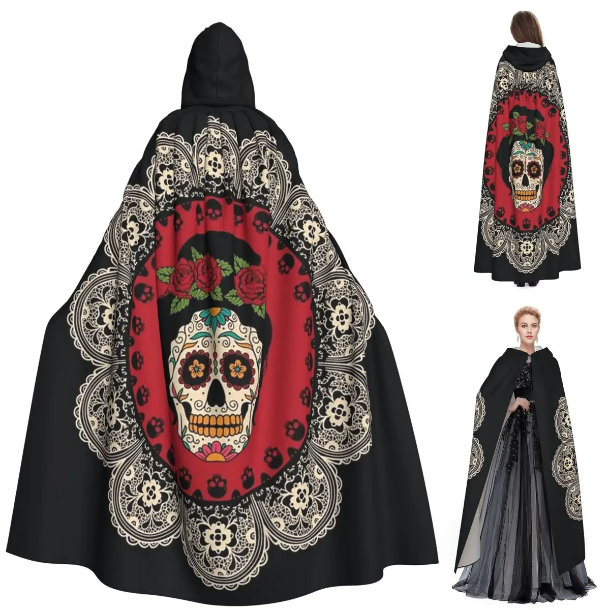 

Mexican Skull Woman Long Hooded Cloak Witch Medieval Costume Cosplay Cape HalloweenVampire Adult Unisex