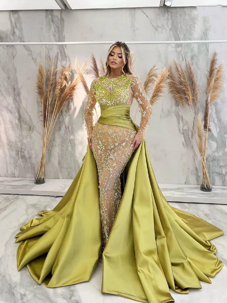 Exquisite Evening Dresses High Neck Long Sleeves Hollow Sequins Beaded Green 3D Lace Appliques Satin Train Prom Dresses Tailored