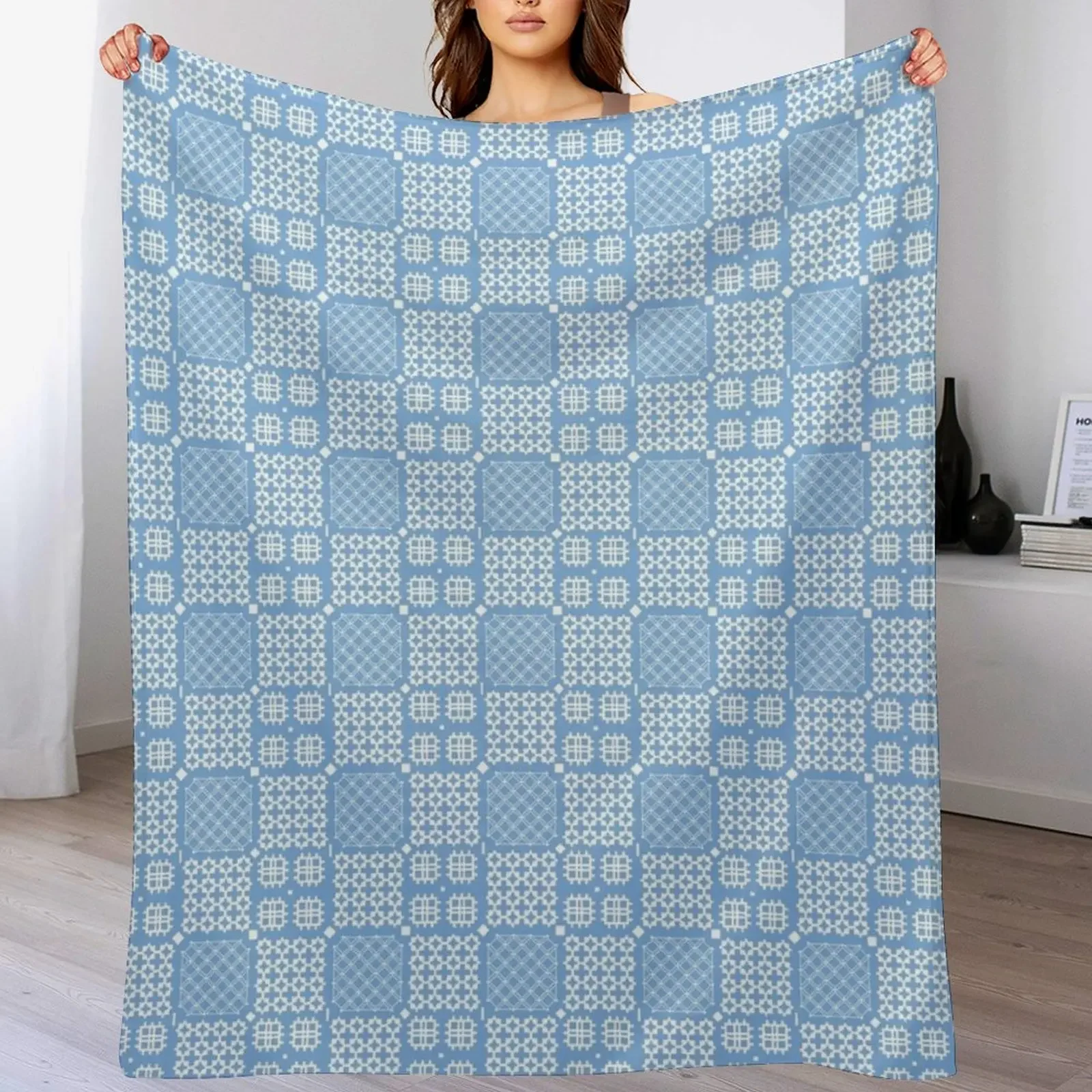 

Welsh Tapestry Pattern, Carthen Cymraeg, Cymreig (light blue) Throw Blanket Picnic cosplay anime Hairys Tourist Blankets
