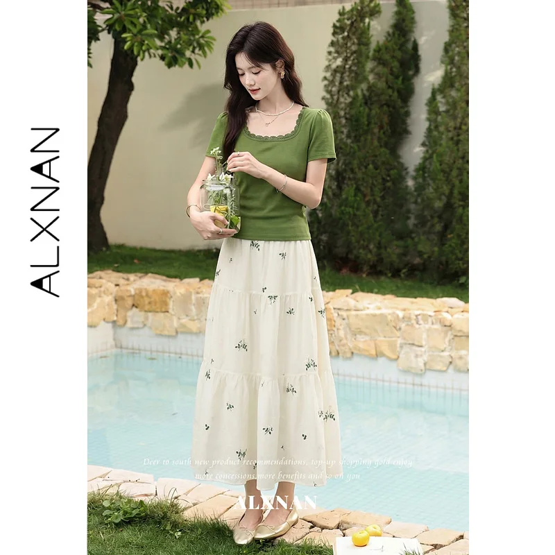ALXNAN 2026 Summer Women's Green Floral White Skirt Elastic High Waist A-line Draped Skirts Elegant Female Clothing DYL662877