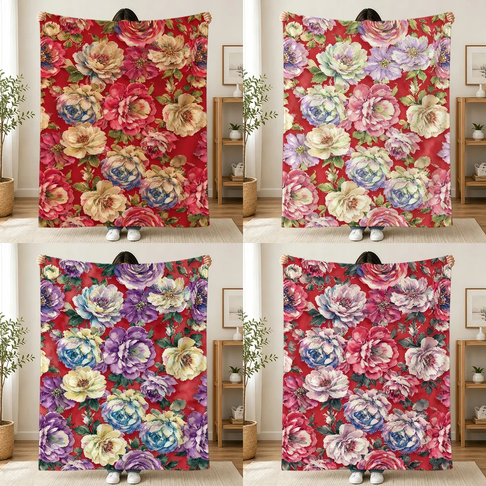 Rich Rose Weave Blanket Printed Flannel Soft Warm Cozy Season Nap Bed Sofa Travel Camping Gift Adults Kids