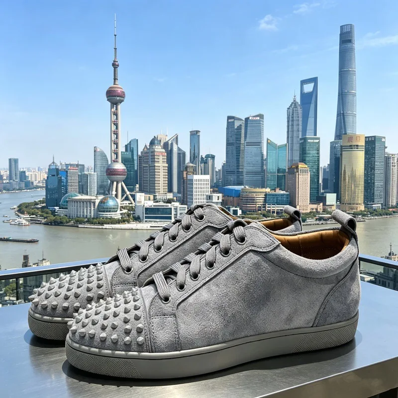 

Men's Studded Genuine Leather Sneakers | Round Toe Lace-Up Flat Comfortable Spring Casual Fashion Shoes