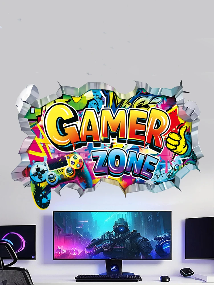 Affiche de jeu plus grande, trou mural 3D, Art Cool, Zone Gamer, manette de jeu, autocollants muraux en vinyle, décoration de la maison pour chambre d'enfants, salles de jeux