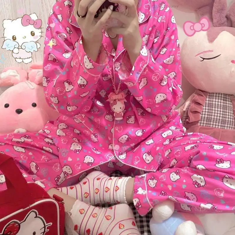 Hello Kitty Pajamas Cute Sanrio Cartoon Pajamas Set Long Sleeved Trousers Cardigan Top Women Clothing Set Sleepwear Home Clothes