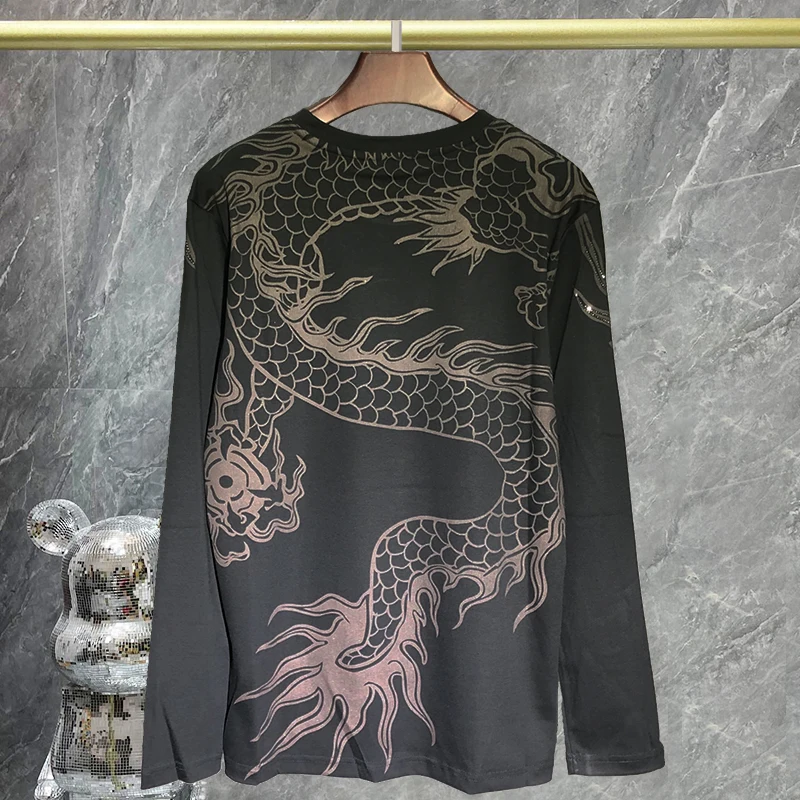 European Men's Round Neck Hot Drill Print Funny T Shirts Rhinestone Animal Dragon  Men Long Sleeve Street Wear Tee Shirt Homme