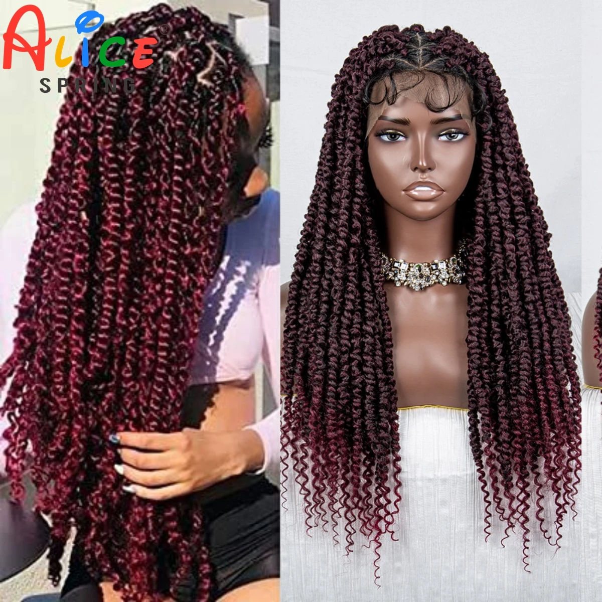 

Full Lace Braided Wigs Synthetic Burgundy Dreadlocks Braided Lace Front Wig for Black Women Knotless Twrist Crochet Bradis Wigs