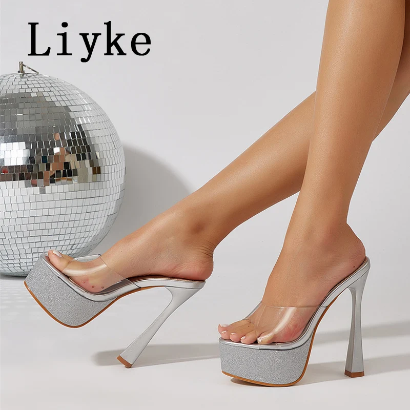 Liyke PVC Transparent Women Platform High Heels Modern Slippers Ladies Sandals Summer Fashion Party Dress Shoes Golden Silver