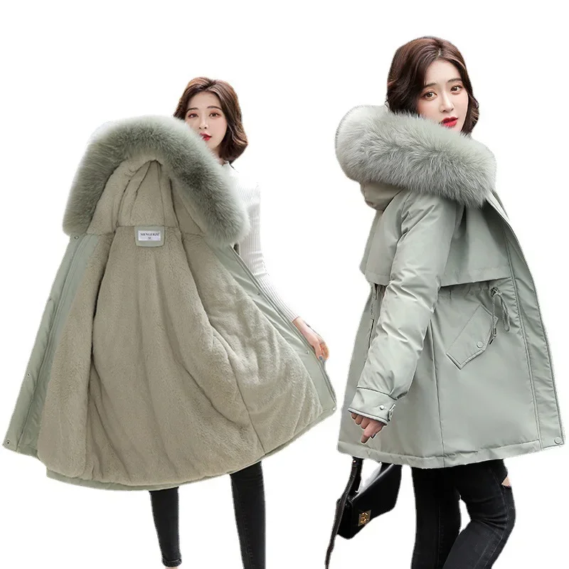 Women Parka Fashion Long Coat Winter Thick Warm Hooded Jacket Fur Collar Snow Wear Padded Wool Liner Casual Belt Slim Clothes